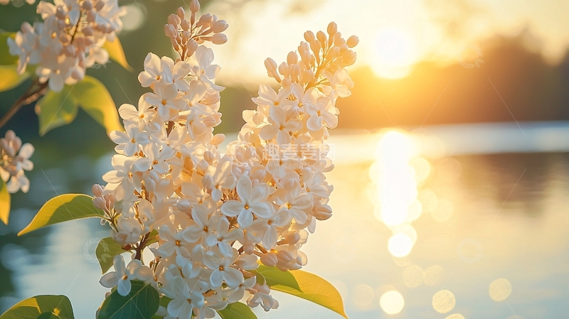 高清大图下载【趣麦麦图】夕阳下湖边白色丁香花