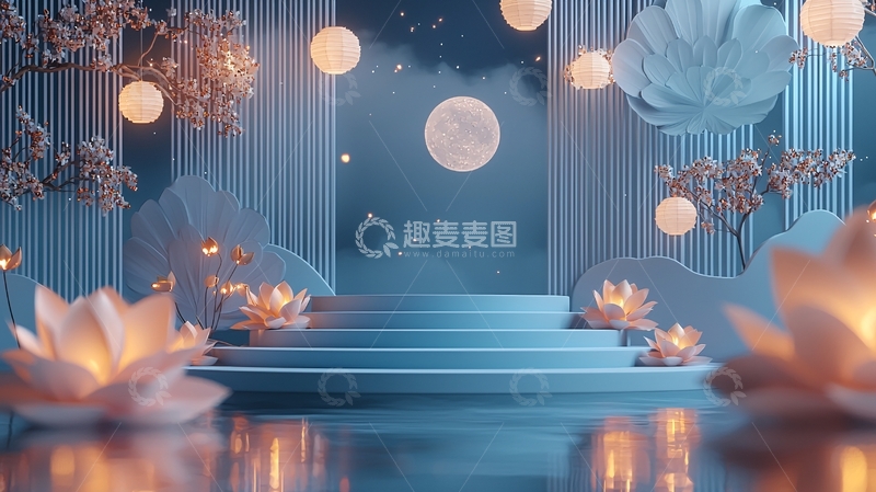 高清大图下载【趣麦麦图】梦幻蓝色月亮夜景