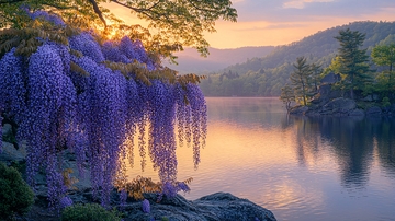 紫藤花倒垂湖边日落