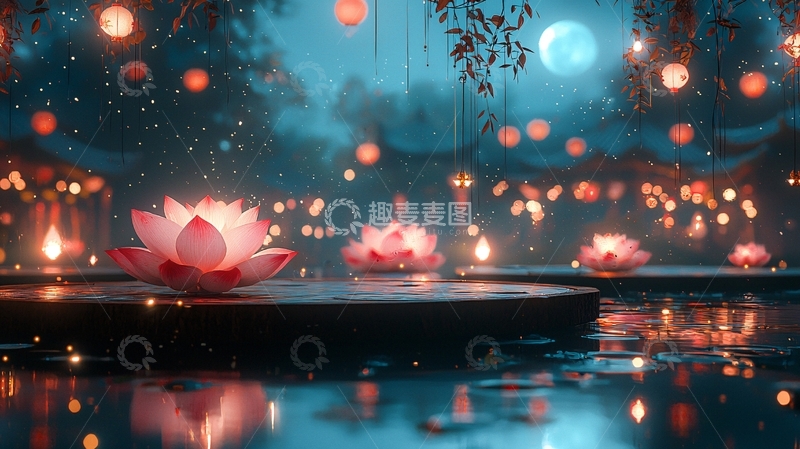 高清大图下载【趣麦麦图】水面莲花灯光梦幻场景