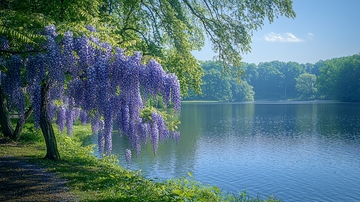 紫藤花垂挂湖边