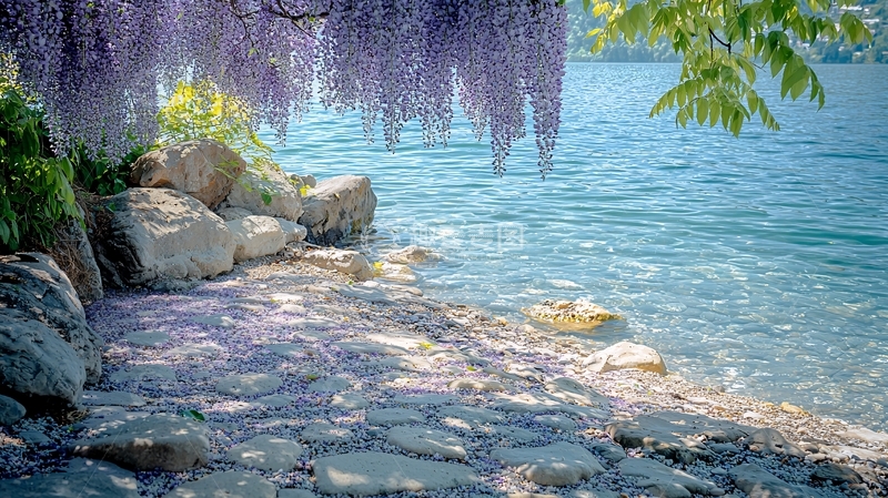 高清大图下载【趣麦麦图】紫藤花垂湖边