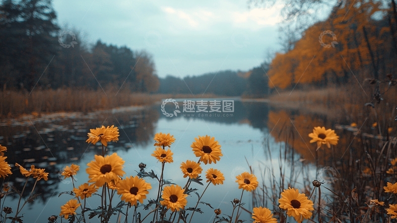 高清大图下载【趣麦麦图】秋日湖边向日葵