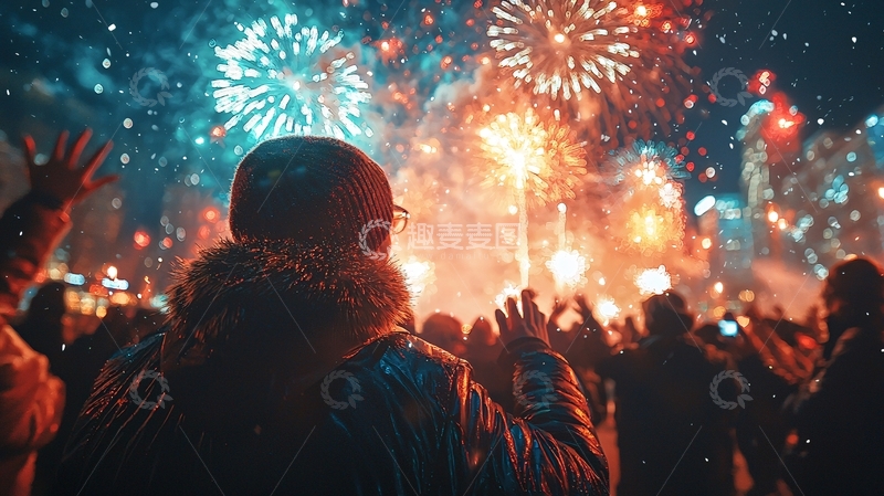 高清大图下载【趣麦麦图】绚丽烟火下的欢庆人群