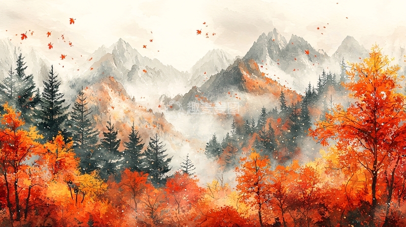 高清大图下载【趣麦麦图】秋日山林水彩画