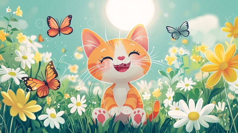 高清大图下载【趣麦麦图】开心的小猫在花丛中