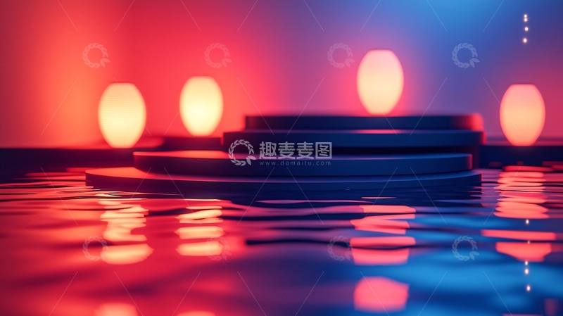 高清大图下载【趣麦麦图】红蓝光影下的水面倒影台阶