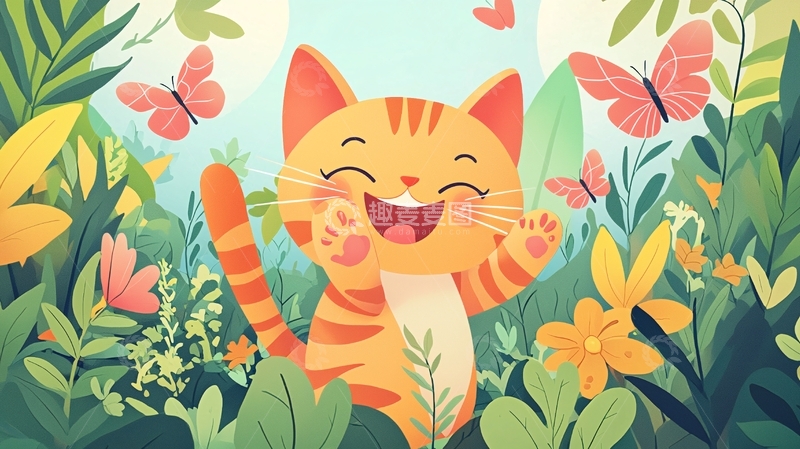 高清大图下载【趣麦麦图】开心的小猫和蝴蝶