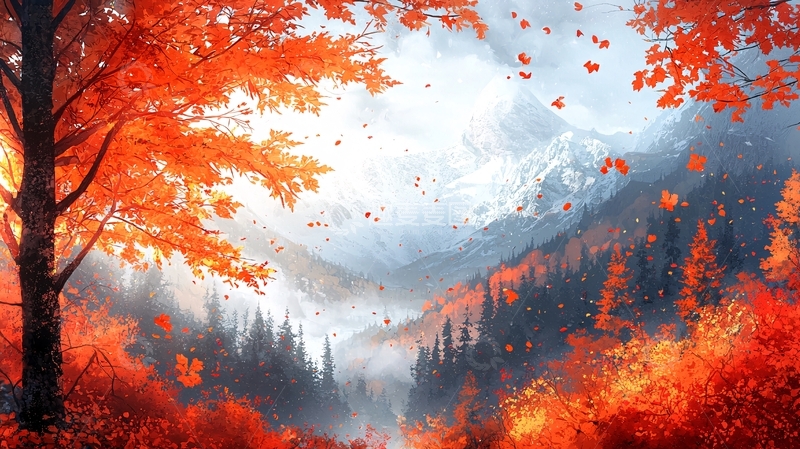 高清大图下载【趣麦麦图】秋叶纷飞的山谷景色