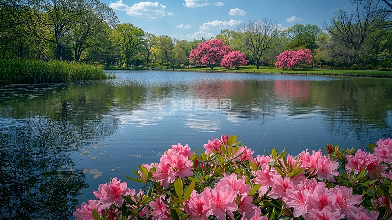 高清大图下载【趣麦麦图】春日湖畔杜鹃花盛开
