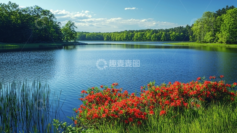高清大图下载【趣麦麦图】宁静湖泊与红色杜鹃花