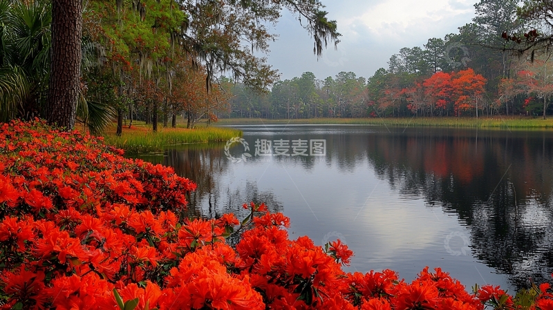 高清大图下载【趣麦麦图】秋日湖边红杜鹃盛开