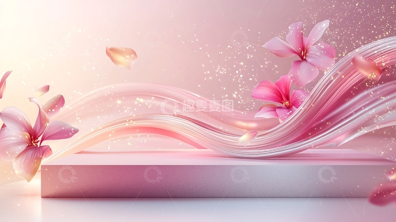 高清大图下载【趣麦麦图】粉色花朵飘逸丝带背景
