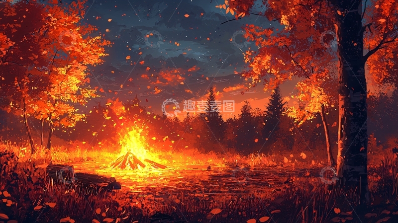高清大图下载【趣麦麦图】秋夜篝火森林景色
