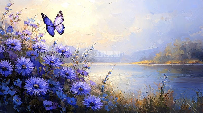 高清大图下载【趣麦麦图】蓝紫花丛中飞舞的蝴蝶
