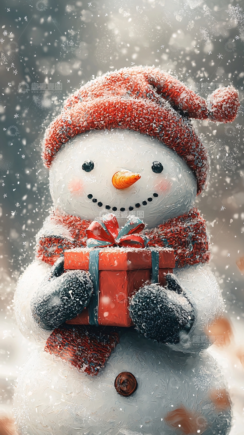 高清大图下载【趣麦麦图】雪地里戴红帽子的雪人