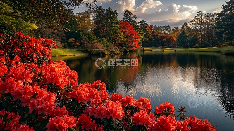 高清大图下载【趣麦麦图】秋日红花碧水湖边