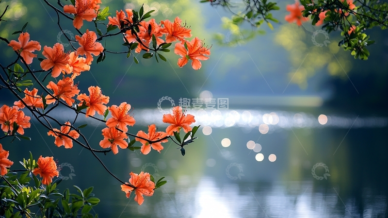 高清大图下载【趣麦麦图】春日湖畔盛开的杜鹃花