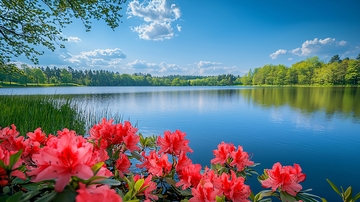 湖边盛开的红色杜鹃花