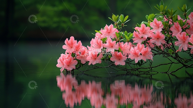 高清大图下载【趣麦麦图】粉色杜鹃花水面倒影