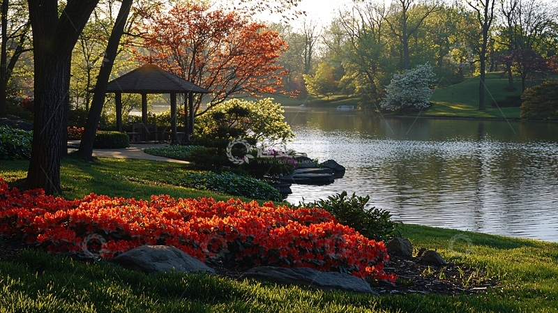 高清大图下载【趣麦麦图】秋日湖边凉亭景色