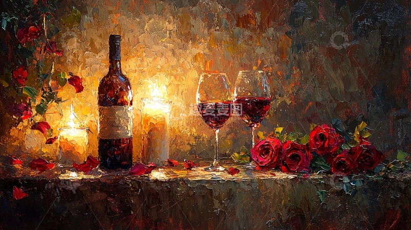 高清大图下载【趣麦麦图】红酒烛光玫瑰静物油画
