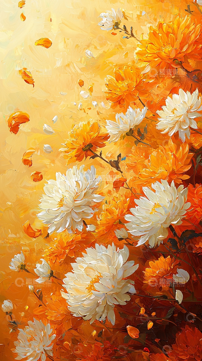 高清大图下载【趣麦麦图】油画菊花花瓣飘落