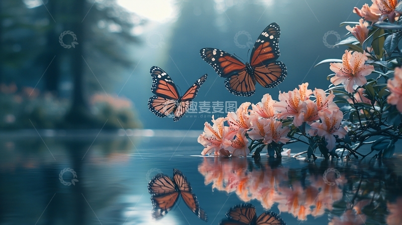 高清大图下载【趣麦麦图】梦幻蝴蝶湖边花朵