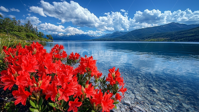 高清大图下载【趣麦麦图】红花碧水蓝天白云