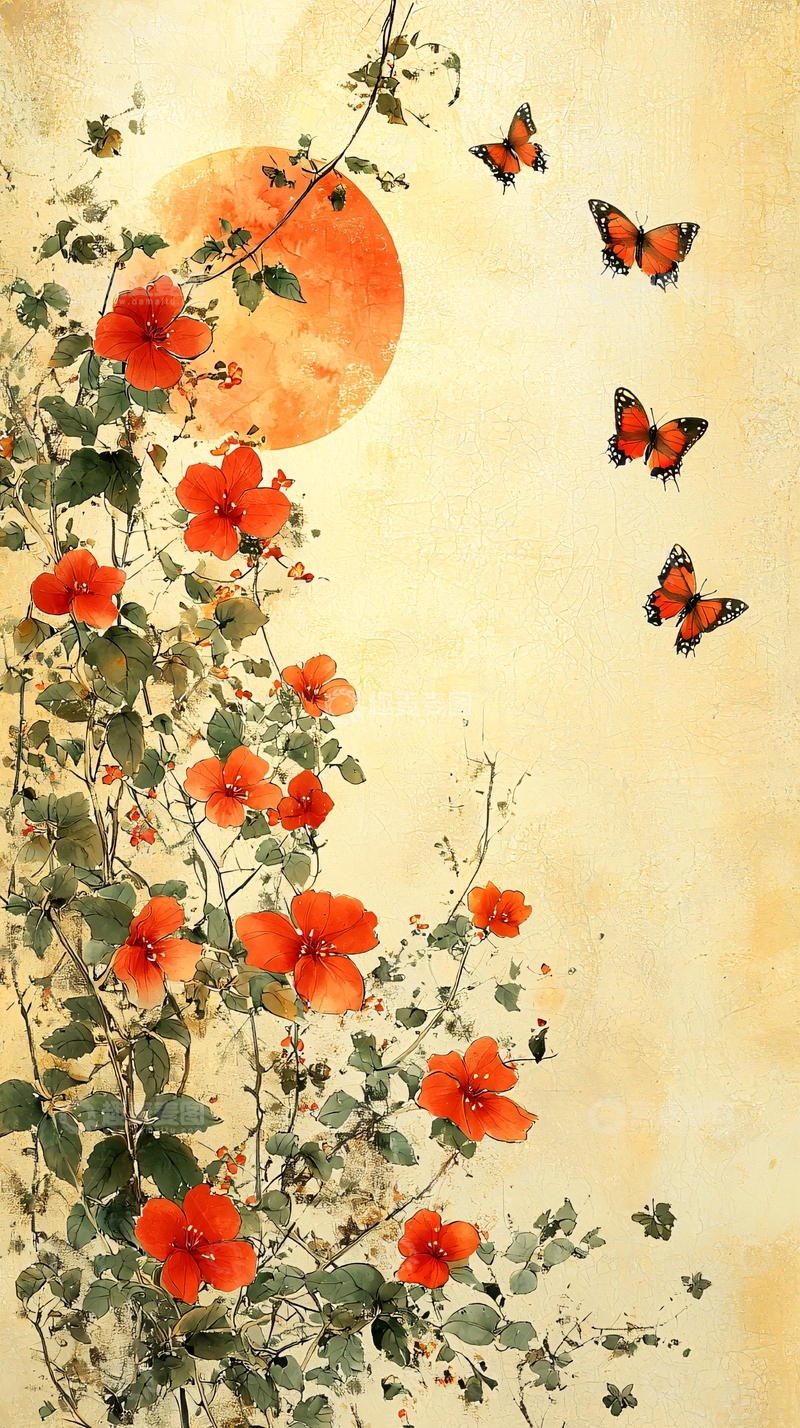 高清大图下载【趣麦麦图】水墨红花飞蝶日落