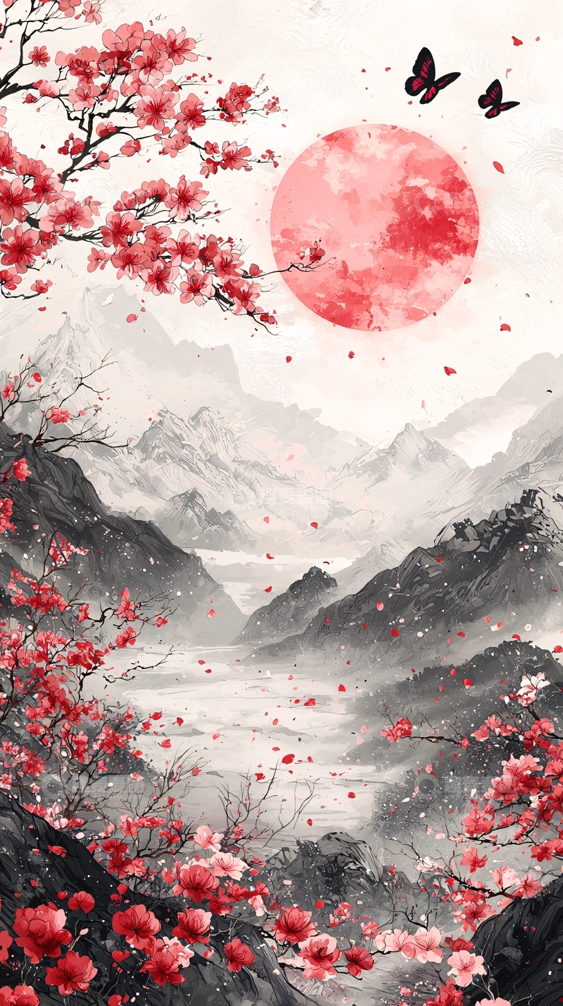 高清大图下载【趣麦麦图】红月樱花山水画