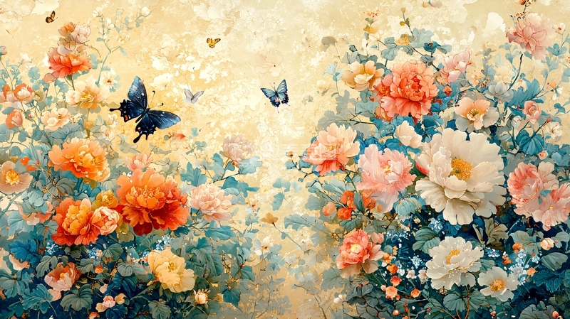 高清大图下载【趣麦麦图】唯美花朵蝴蝶油画背景