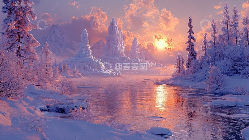 高清大图下载【趣麦麦图】极光下的雪山河流