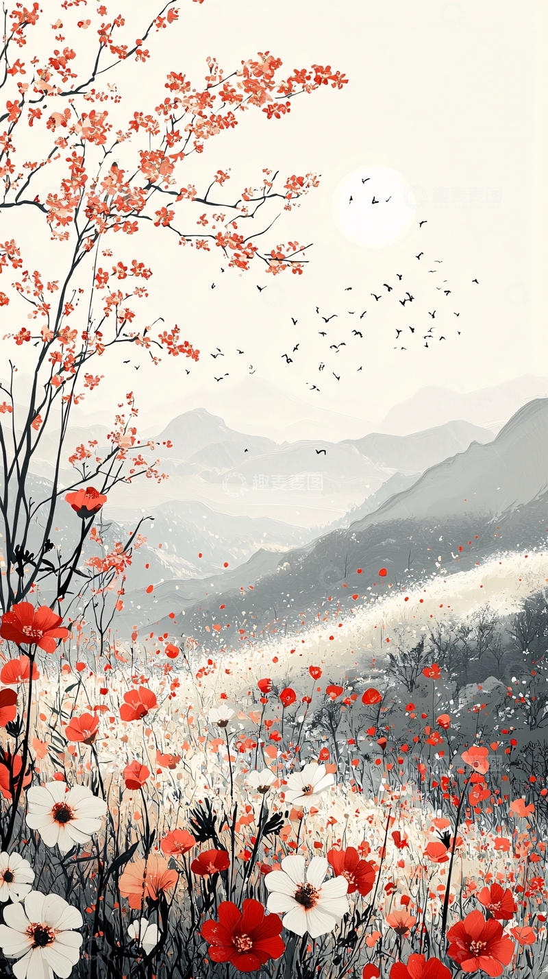 高清大图下载【趣麦麦图】红花山峦水墨画