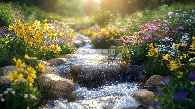 高清大图下载【趣麦麦图】阳光下的溪流与野花