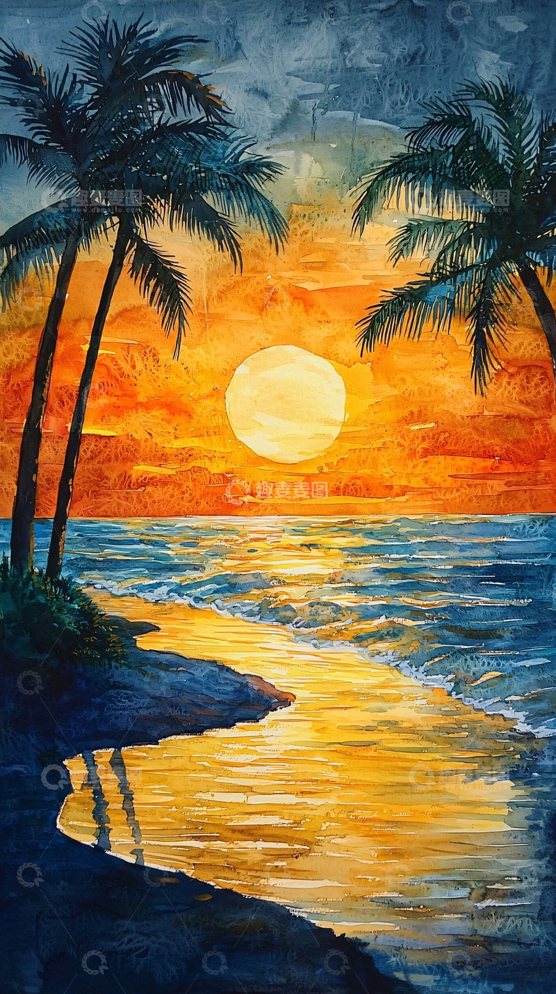 高清大图下载【趣麦麦图】海滩日落椰树风景画