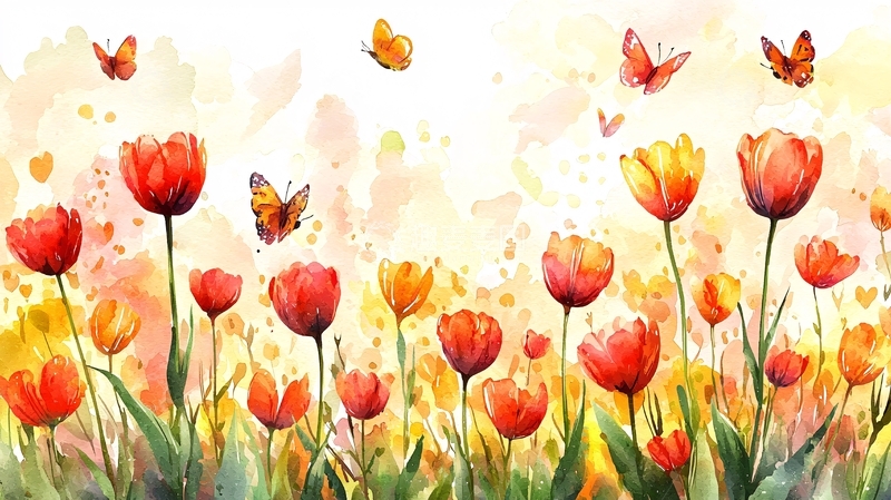 高清大图下载【趣麦麦图】水彩郁金香花田