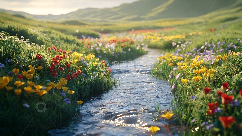 高清大图下载【趣麦麦图】山间溪流野花盛开