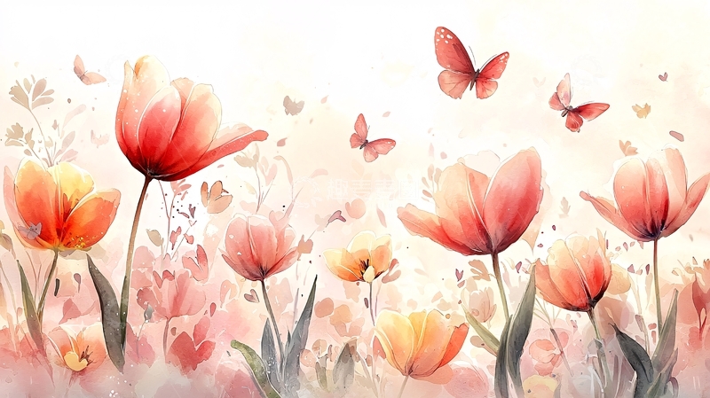 高清大图下载【趣麦麦图】水彩郁金香与蝴蝶