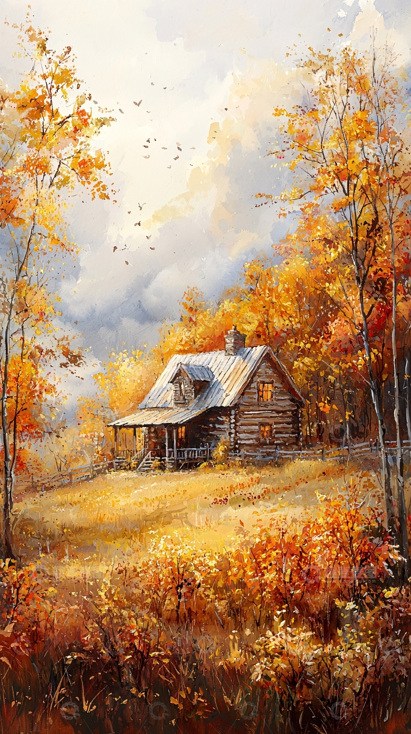 高清大图下载【趣麦麦图】秋日木屋田园风景