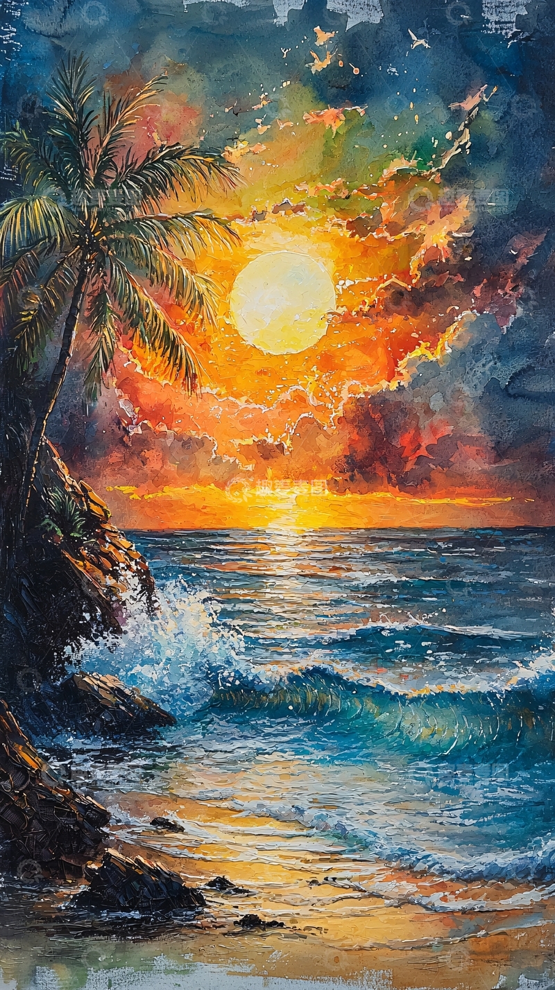 高清大图下载【趣麦麦图】热带海滩日落水彩画
