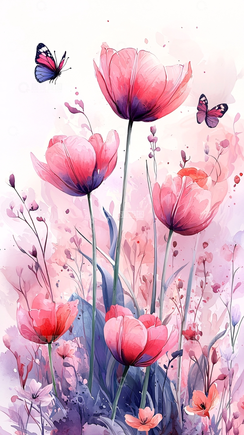 高清大图下载【趣麦麦图】粉色水彩郁金香