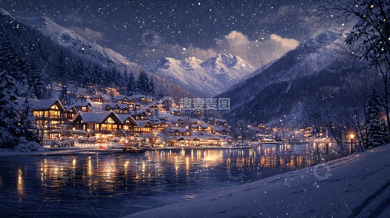 高清大图下载【趣麦麦图】雪夜山村夜景