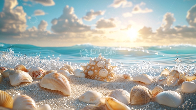 高清大图下载【趣麦麦图】海滩贝壳日出阳光