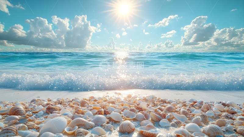 高清大图下载【趣麦麦图】阳光沙滩贝壳海浪