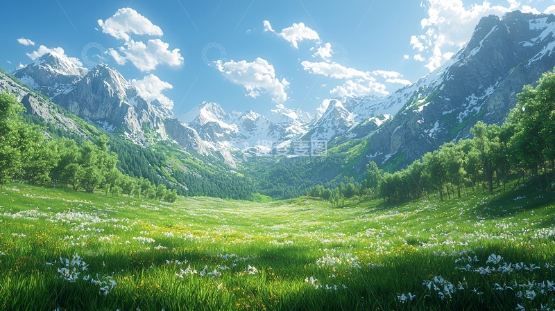 高清大图下载【趣麦麦图】阳光明媚的阿尔卑斯山谷