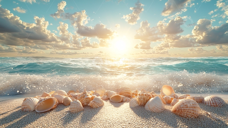 高清大图下载【趣麦麦图】海滩日出贝壳