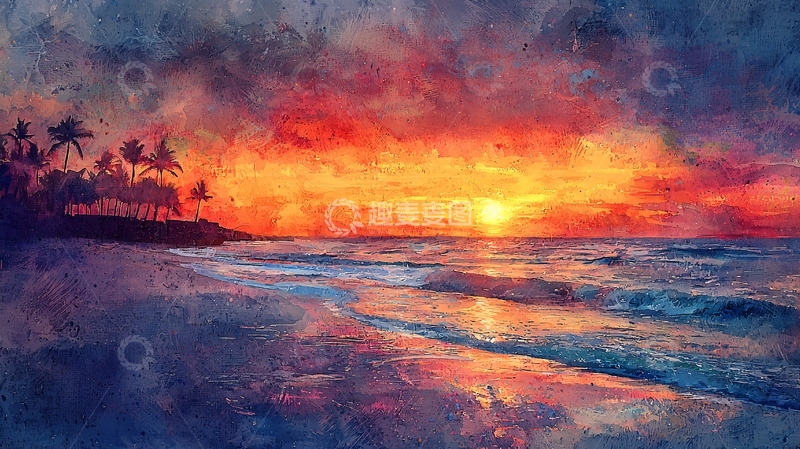 高清大图下载【趣麦麦图】水彩风格海滩日落