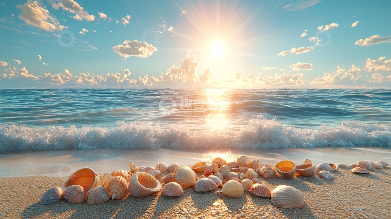 高清大图下载【趣麦麦图】海滩日出贝壳