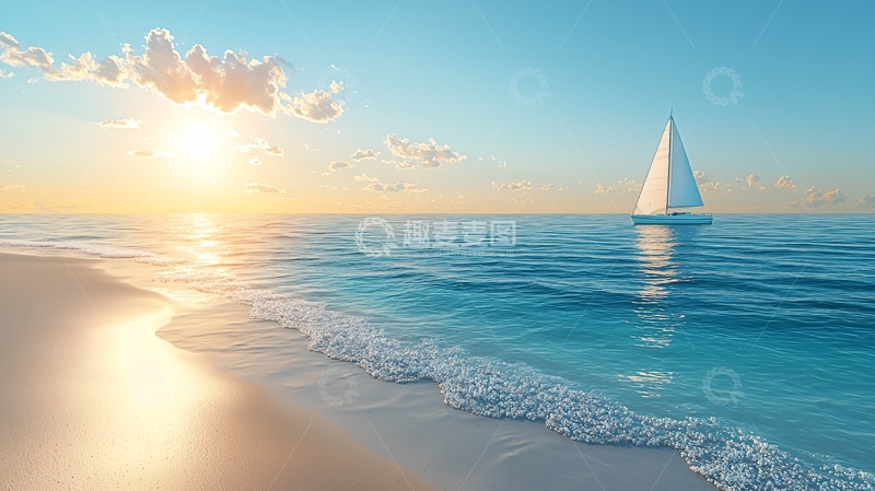 高清大图下载【趣麦麦图】日落海滩帆船
